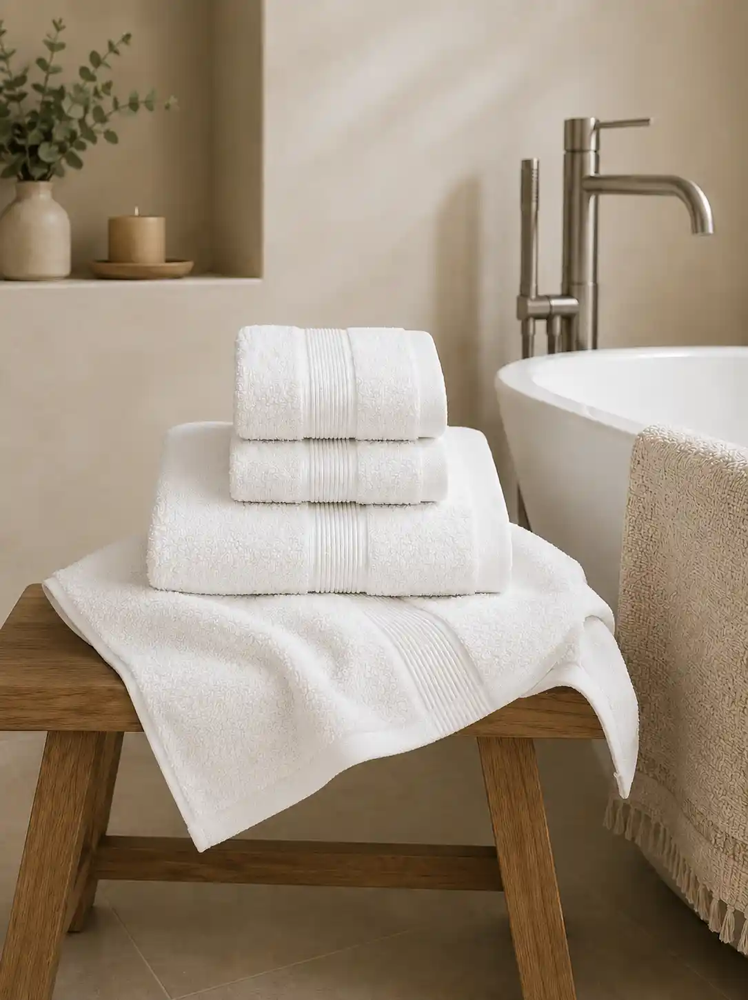 set quattro asciugamani cotone bianco davanti alla vasca