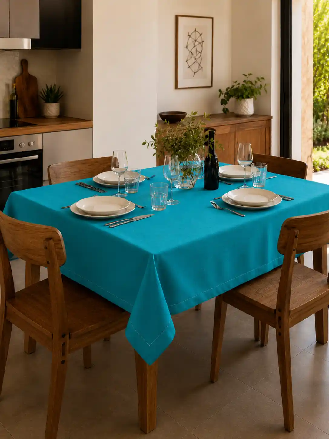 tovaglia turchese su tavola apparecchiata in salone