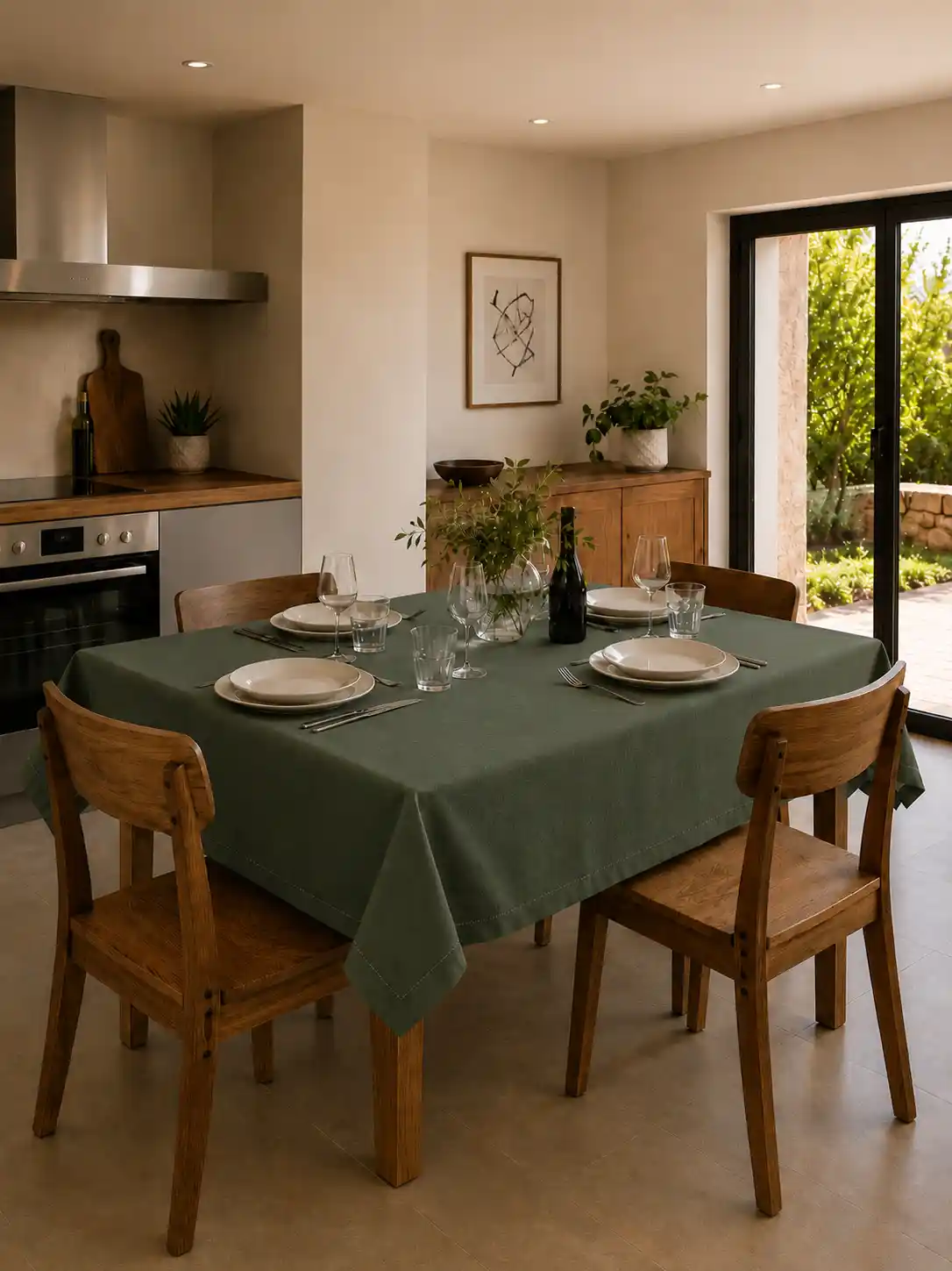 tovaglia cotone verde su tavolo apparecchiato salotto