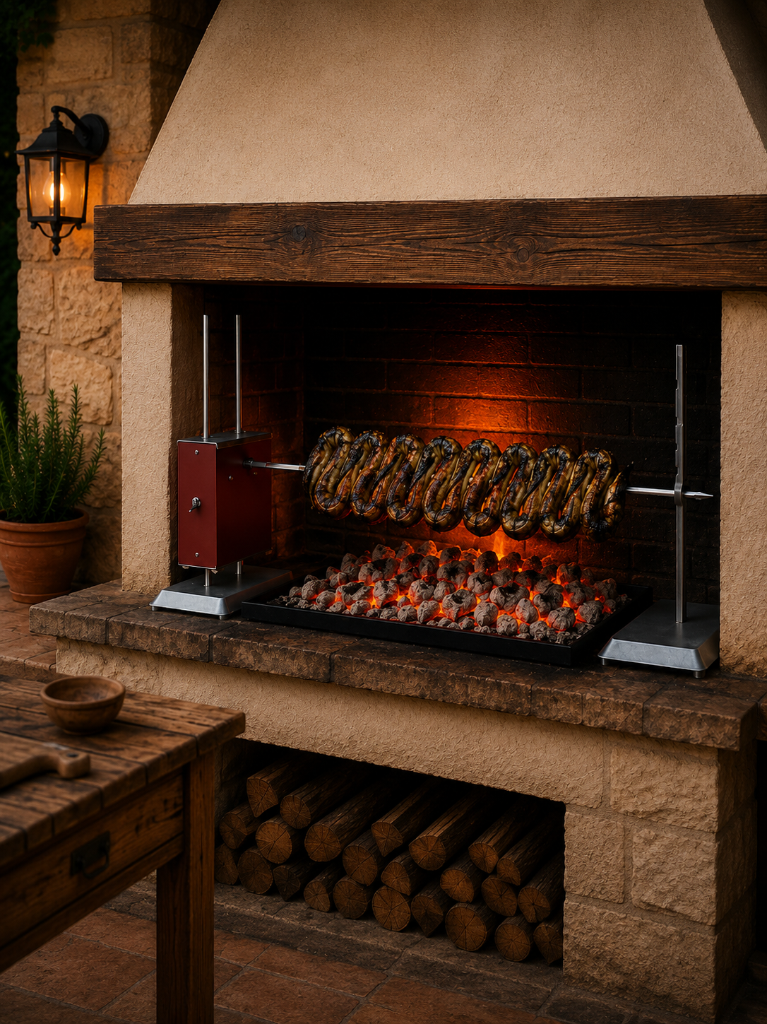 anguille allo spiedo in girarrosto nel barbecue all'aperto
