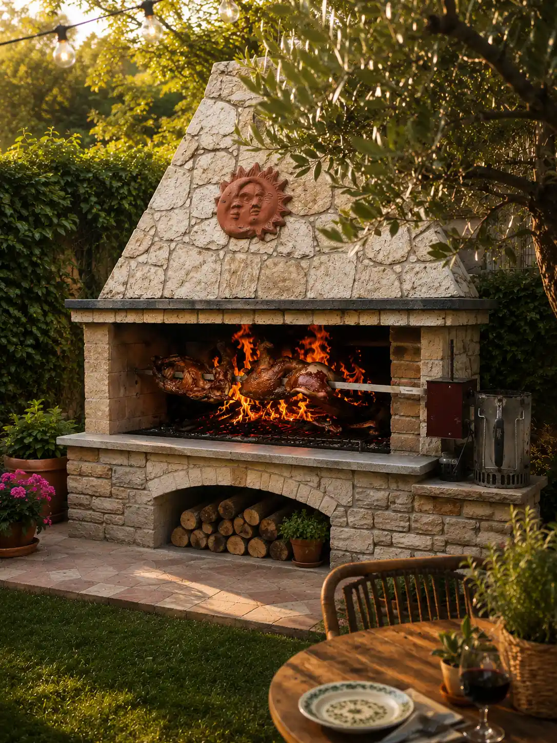maialetto allo spiedo in girarrosto nel barbecue all'aperto